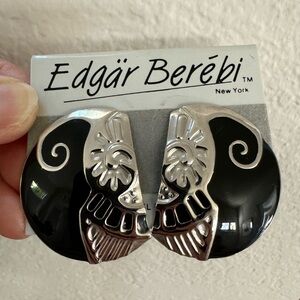Vintage 80s Edgar Berebi Black & Silver Pierced Earrings Aries Ram Deco Design